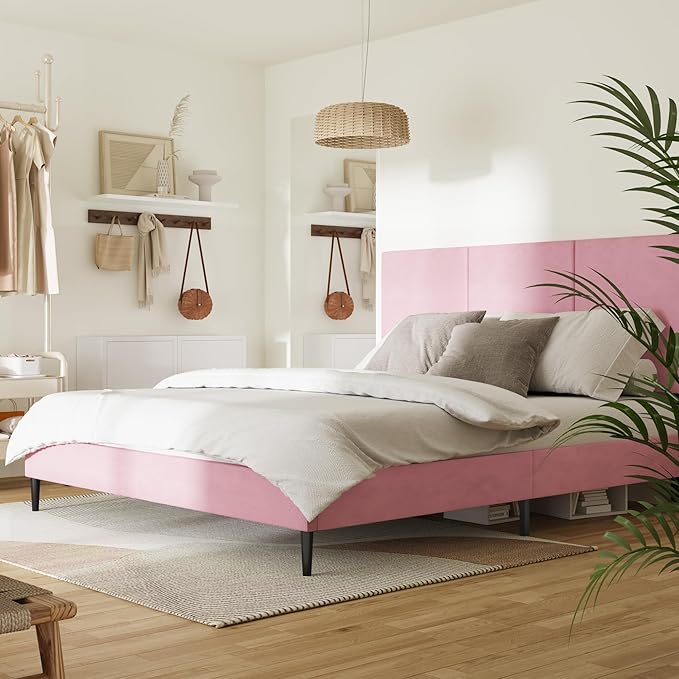 King Bed Frame with Headboard, Vertical Channel Tufted Heavy Duty King Size Bed Frame, No Box Spring Needed, Easy Assembly, Platform Bed Frame with Headboard, Pink