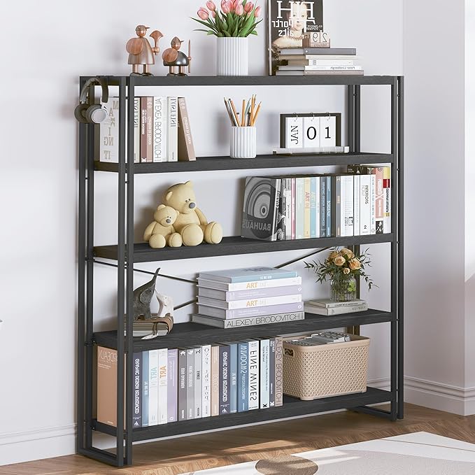 HCHQHS Bookshelf, 5-Tier Industrial Bookcase, Black Open Book Shelf, Freestanding Tall Bookshelves with Metal Frame