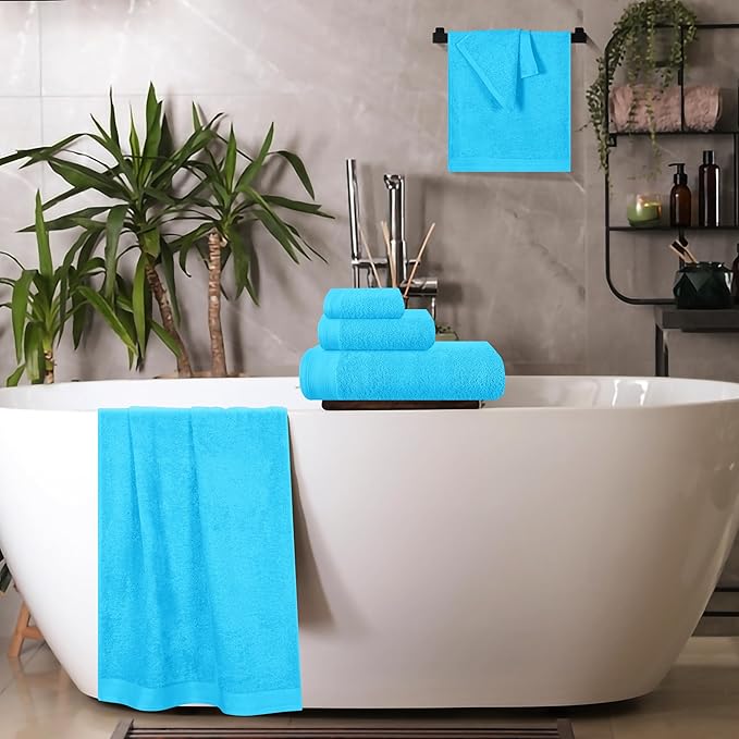 Ultra Soft 6 Pack Cotton Towel Set, Contains 2 Bath Towels 28x55 inch, 2 Hand Towels 16x24 inch & 2 Wash Coths 12x12 inch, Ideal Everyday use, Compact & Lightweight - Turquoise Blue