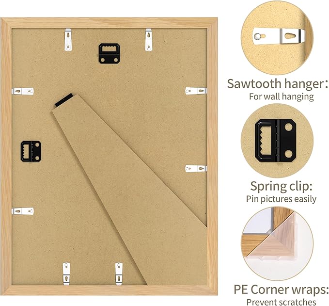 Solid Oak Wood Frame - 11x14 Natural Wooden Picture Frames with Real Tempered Glass,5 Opening 4x6 with Mat or 11x14 Without Mat for Wall Decor Art Photo(Color Natural)