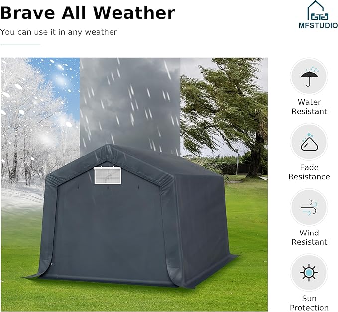 MFSTUDIO Outdoor Storage Sheds 10x15 ft, Portable Carport Shelter Garages Heavy Duty Canopy with Rolled up Zipper Doors, Outside Utility Shed Garage Tent for Patio Furniture, Vehicles and Tools