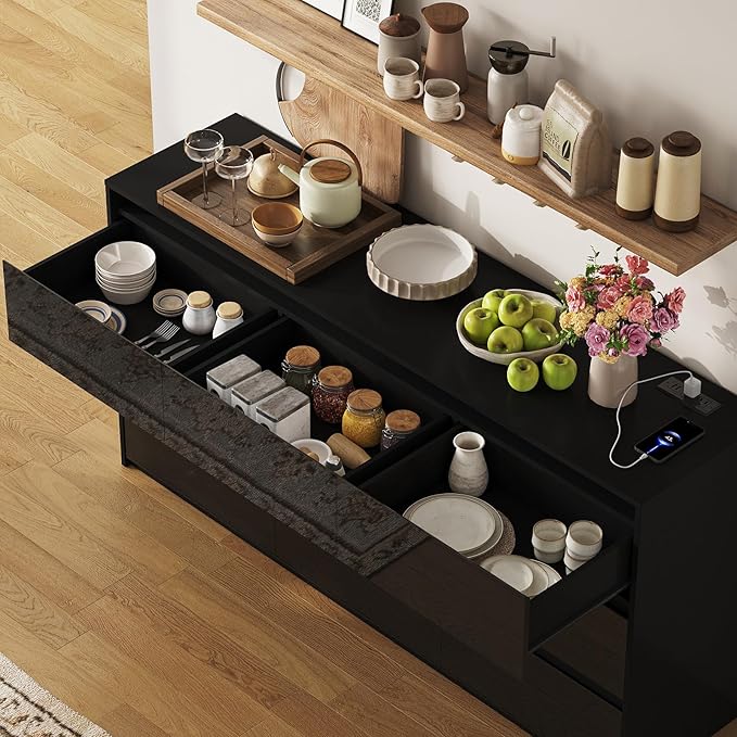 Black TV Stand, Storage Cabinet with 9 Drawers for Bedroom Modern Large High Gloss Cabinet for Living Room Office (63" W)