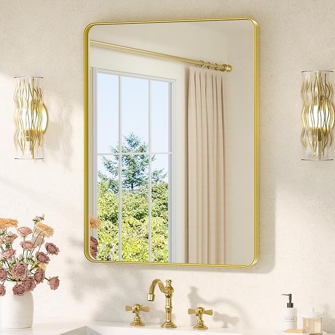 TETOTE Brushed Gold Bathroom Mirror 24 x 32 Gold Metal Framed Bathroom Mirror, Tempered Glass, Modern Farmhouse Wall Mounted Mirror for Decorative(Horizontal/Vertical)