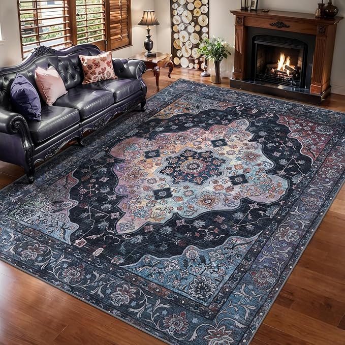 Tangsoo 4x6 Vintage Area Rug with Non Slip Backing, Machine Washable Rug Low Pile Living Room Rugs for Bedroom, Dining Room, Office, Navy/Multi Print Distressed Floor Carpets