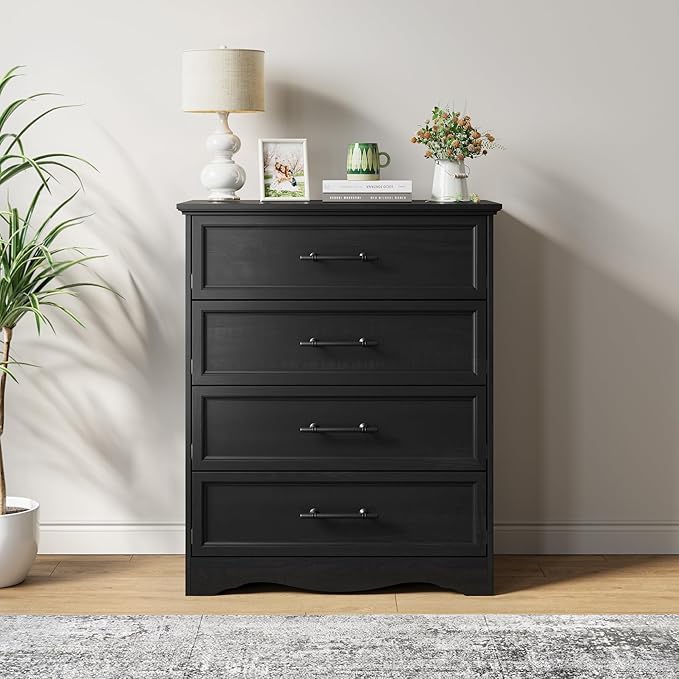 Black Dresser for Bedroom, 36" Tall 4 Drawer Dresser Chest with Sleek Brushed Metal Handles, Wood Storage Cabinet with Unique Base Design, Closet Organizer for Bedroom, Living Room, Hallway