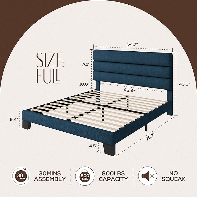 WEEWAY Full Size Bed Frame Platform Bed with Linen Fabric Upholstered Headboard and Wooden Slats Support, Heavy Duty Mattress Foundation, No Box Spring Needed, Easy Assembly, Navy Blue