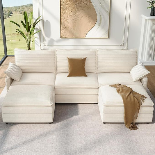 Vesgantti 108" U Shaped Sectional Couch, Comfy Cloud Modular Sectional Sofa with 2 Ottoman Deep Seat Corduroy Modern Cloud Sofa, Modular Sofas for Living Room, Bedroom and Apartment, Beige