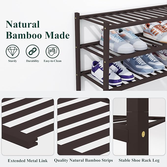 Smiry Shoe Rack, 3 Tier Thick Bamboo Shoe Organizer, Stackable Free Standing Wooden Shoe Storage Shelf for Closet, Entryway, Front Door Entrance, Brown