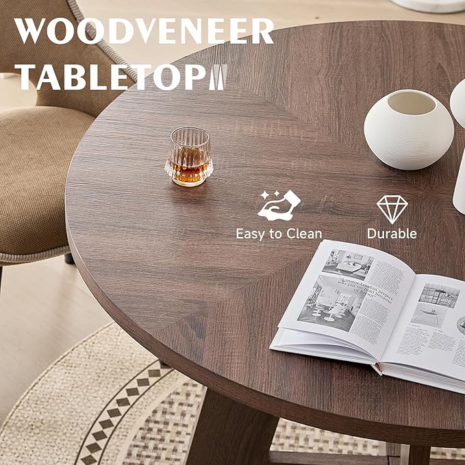 47" Round Dining Room Table Set for 4, [Fanned Base] [1.38" Thick Top] Wood Kitchen Table with 4 Swivel Dining Chairs