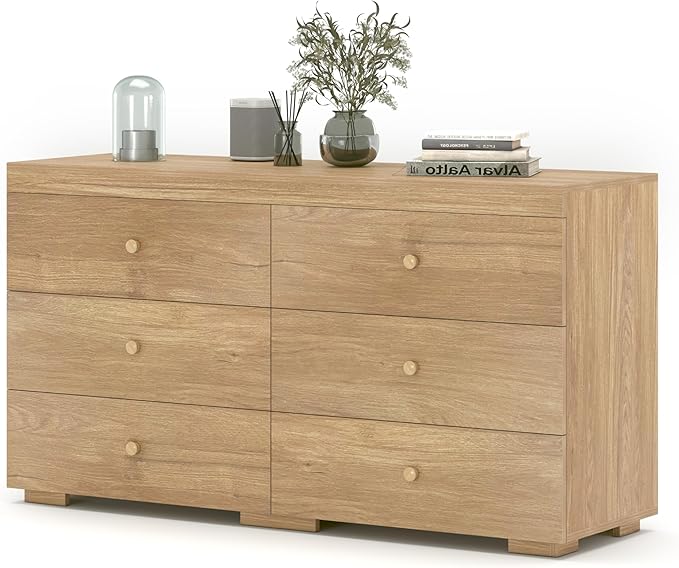 Dresser for Bedroom 6 Drawer Wood Dresser 58.3" Wide, Large Chest of Drawers for Bedroom, Living Room, Hallway, Entryway, Modern TV Stand Drawer Organizer, Light Oak