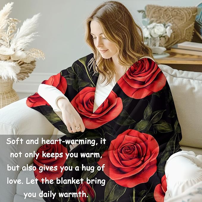 Red Roses Flannel Blanket, Floral Gifts, Floral-Themed Blanket for Women, Soft Lightweight Throw Blankets for Bed Home Travel Decor 40" x 50"