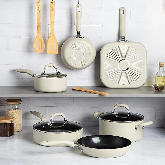 Goodful Ceramic Nonstick Pots and Pans Set, Premium Ceramic Coating Made without PFOA, PTFE or PFAS, Dishwasher Safe, 12-Piece, Cream