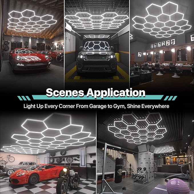 Hexagon Garage Lights: 581W 84 Pack 22 Grids LED Garage Lights - Easy Install 6500K Super Bright Honeycomb Light for Warehouse, Car Detailing Shop, Exhibition Hall, Gym
