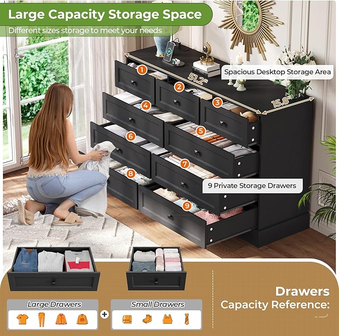 Hasuit Black Dresser for Bedroom with 9 Drawers, 51.2" Large Drawer Dresser with Charging Station, Wide Farmhouse Dresser Chest of Drawers, Wooden Storage Tower Organizer, Dresser for Bedroom Closet