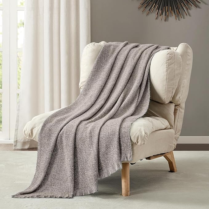 BOURINA Faux Cashmere Fringe Throw Blanket Decorative Lightweight Throw Soft Cozy for Bed or Sofa Outdoor Blanket, 50x70 Inches Brown