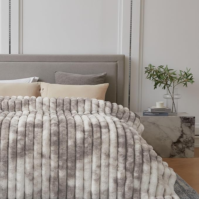 Faux Fur Throw Blanket for Couch, Cozy Warm Plush Striped Blanket for Sofa Bedroom Living Room, 50x60 Inches Taupe