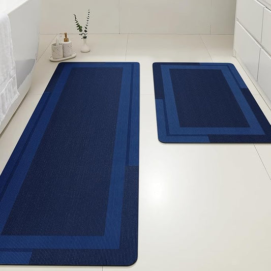 Ultra Thin Bath Mats Fit Under Door 2 piece, Upgrade Backing Non Slip Bath Mat, Quick Dry absorbent Bath Mat, Machine Washable Bathroom Rugs for Bathroom, Bathtub, Kitchen, Dark Blue, 24"x17"+48"x20"
