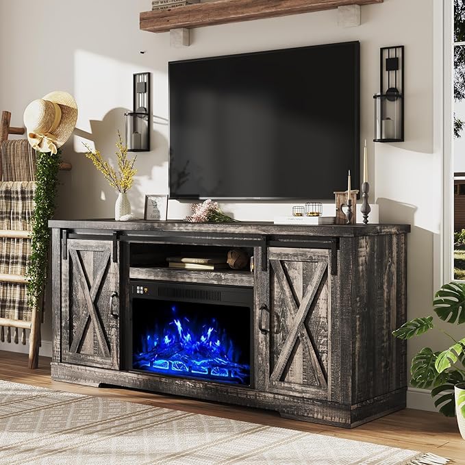 AMERLIFE Fireplace TV Stand with Sliding Barn Door for TVs up to 73", Farmhouse 63" Fireplace Entertainment Center with Storage Cabinets/Adjustable Shelves, Dark Rustic Oak