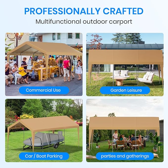 Carport 12x20 Heavy Duty Portable Garage,Galvanized Frame Carport Canopy,Portable Garages and Shelters with 8 Leg&4 Wind Rope,Car Tent Garage with All-Season Tarp for Truck Boat,Without Sidewall