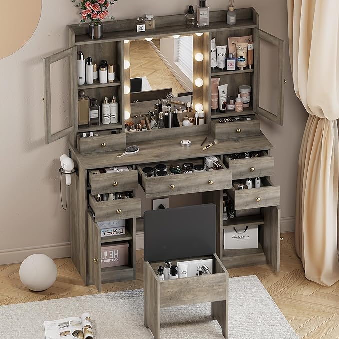 Vanity Desk with Mirror and Lights, Grey Vanity Mirror with Lights Desk and Chair & Charging Station, Farmhouse Makeup Vanity Desk with Lighted Mirror for Women Bedroom 3 Color Modes Adjustable