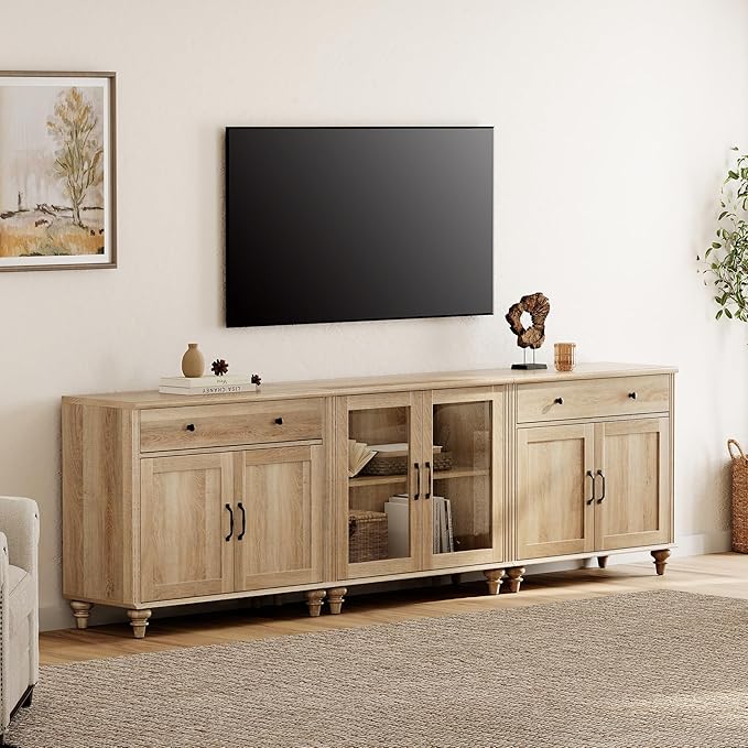WAMPAT Farmhouse TV Stand for 100 Inch TV, 3-in-1 TV Console Table for 75/80/85/90 Inch TV, Entertainment Center with Glass & Wood Door, Kitchen Sideboard Buffet Cabinet for Dining Room, Oak