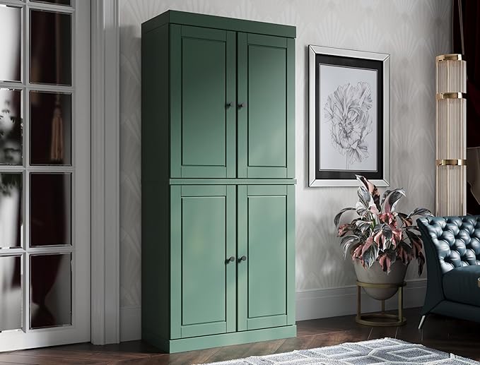 Palace Imports Solid Wood Bookcase - 6-Tier Bookshelf, 71.5” H - Green, Wooden Cabinet Doors & Adjustable Shelves, Tall Bookcase for Living Room, 100% Renewable Eco-Friendly Wood, Made in Brazil