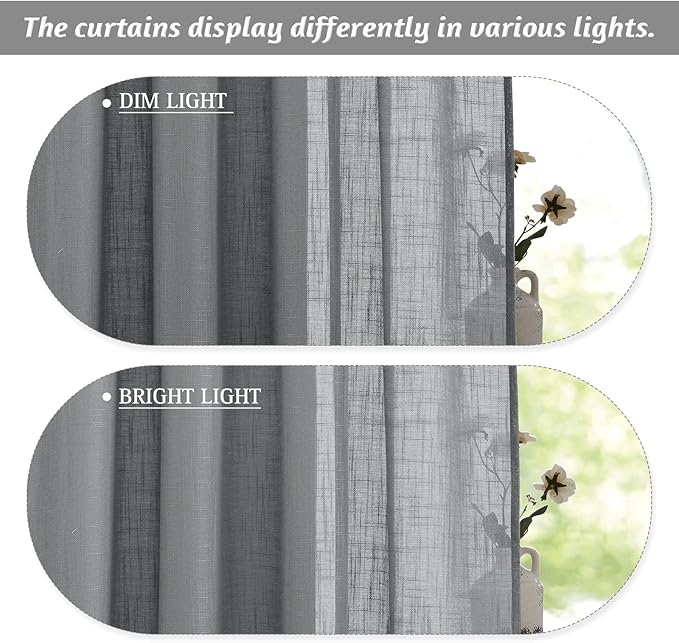 RYB HOME Linen Curtains Sheer - Linen Textured Blend Curtains Privacy Semi Sheer Drapes Light Filtering Backdrop for Bedroom Living Room Dining, Grey, W 52 x L 90 inch, 1 Pair