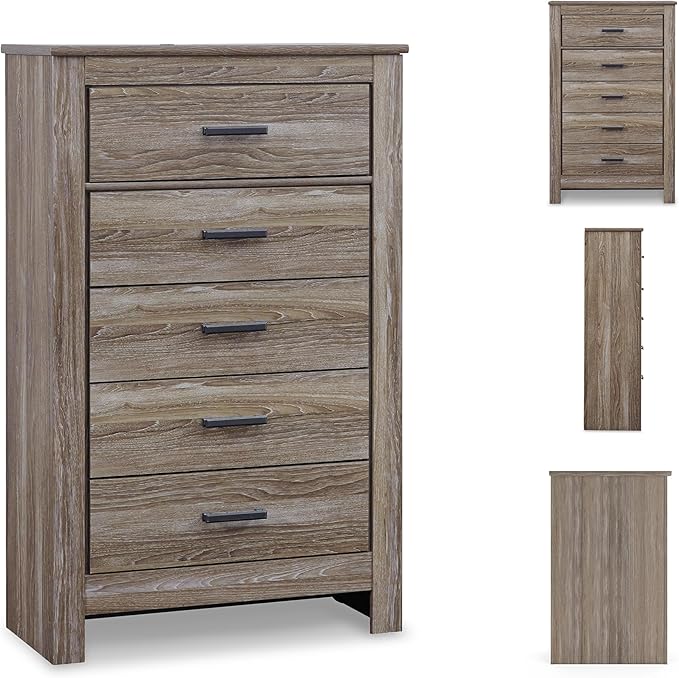 Signature Design by Ashley Zelen Rustic Contemporary 5 Drawer Chest of Drawers, Warm Gray