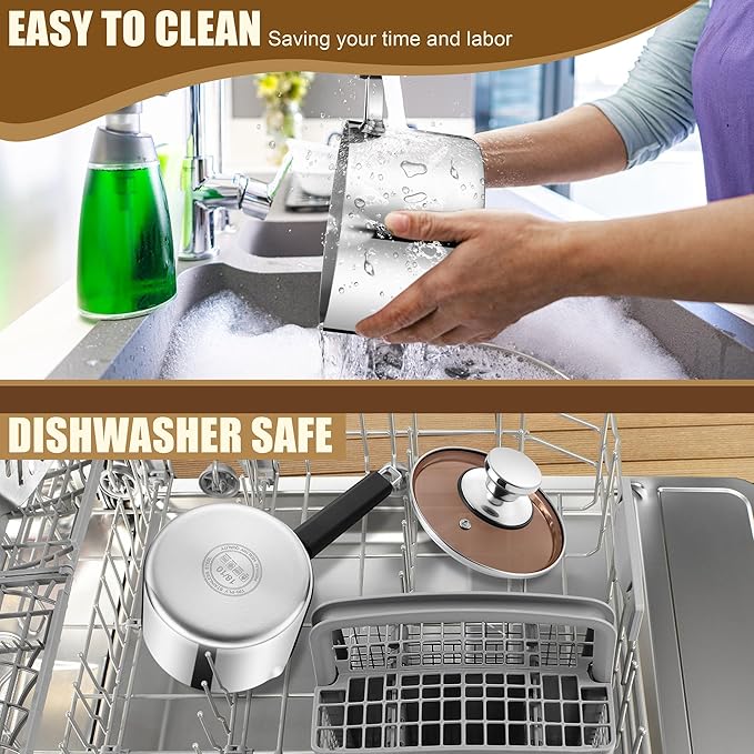 E-far 2 Quart Sauce Pan with Lid, Stainless Steel Tri-Ply All Clad Small Cooking Pot with Pour Spout, Multipurpose Induction Saucepan & Stay-Cool Handle, Compatible with All Cooktops, Dishwasher Safe