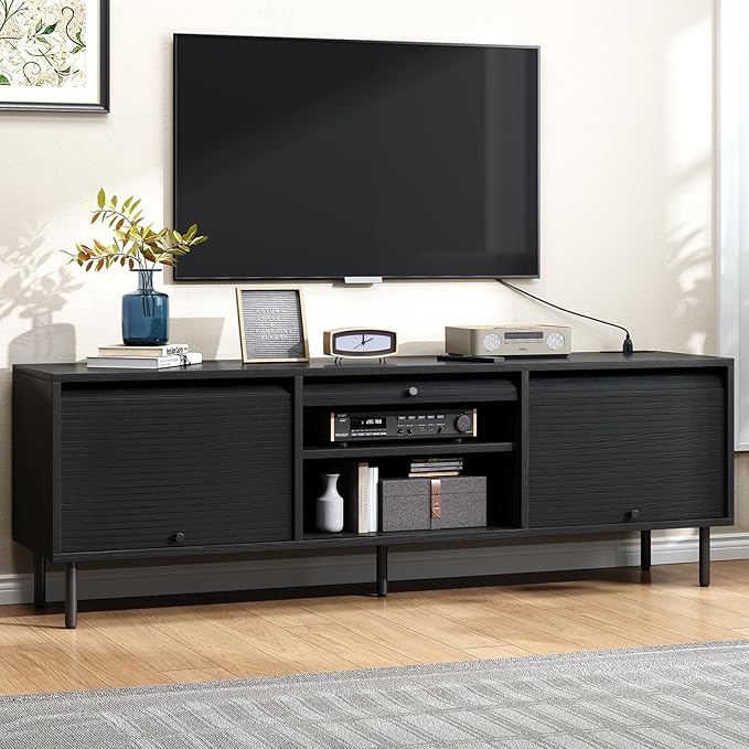68 Inch TV Stand for TVs up to 75 Inch, Entertainment Center with Power Outlet, Mid-Century Modern TV Console with Storage, Adjustable Shelf & Sliding Doors, TV Stand for Living Room, Black