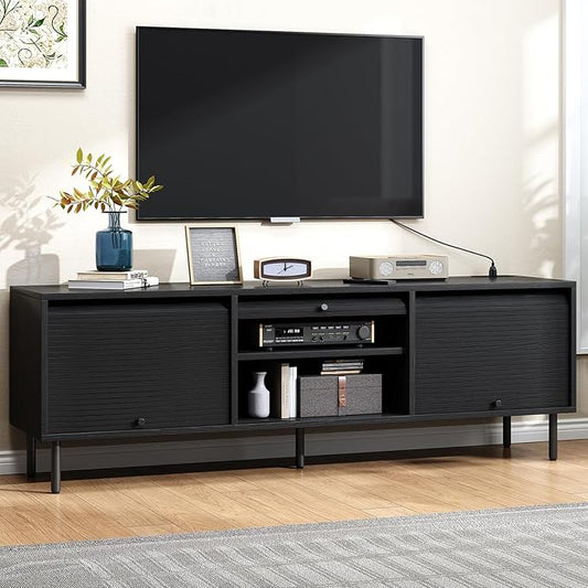 68 Inch TV Stand for TVs up to 75 Inch, Entertainment Center with Power Outlet, Mid-Century Modern TV Console with Storage, Adjustable Shelf & Sliding Doors, TV Stand for Living Room, Black