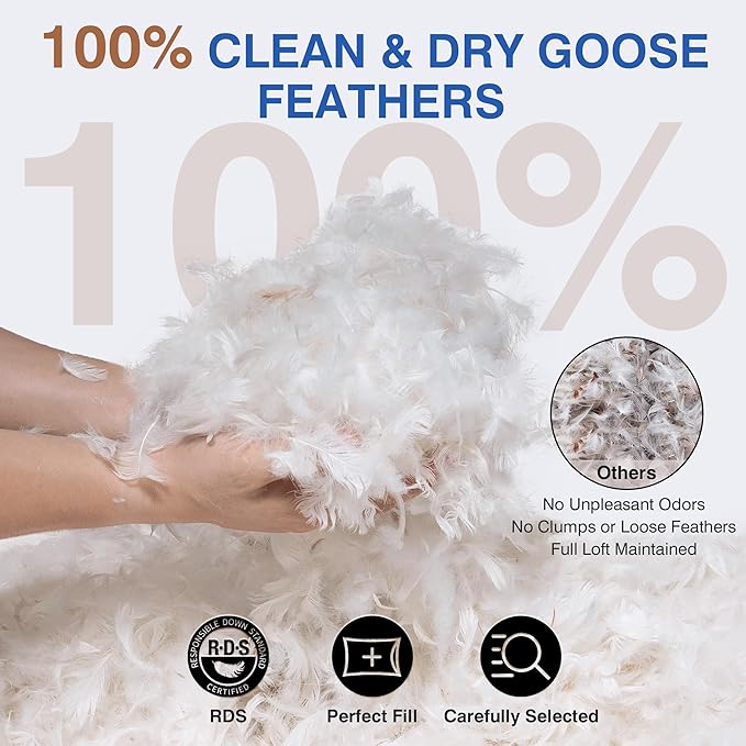 Goose Feather Pillow King Size Pack of 2 - Down Hotel Bed Pillows for Sleeping, Soft 600 Thread Count Cotton Cover, Fluffy Support Surround Fill Polyester for Back, Stomach, Side Sleepers