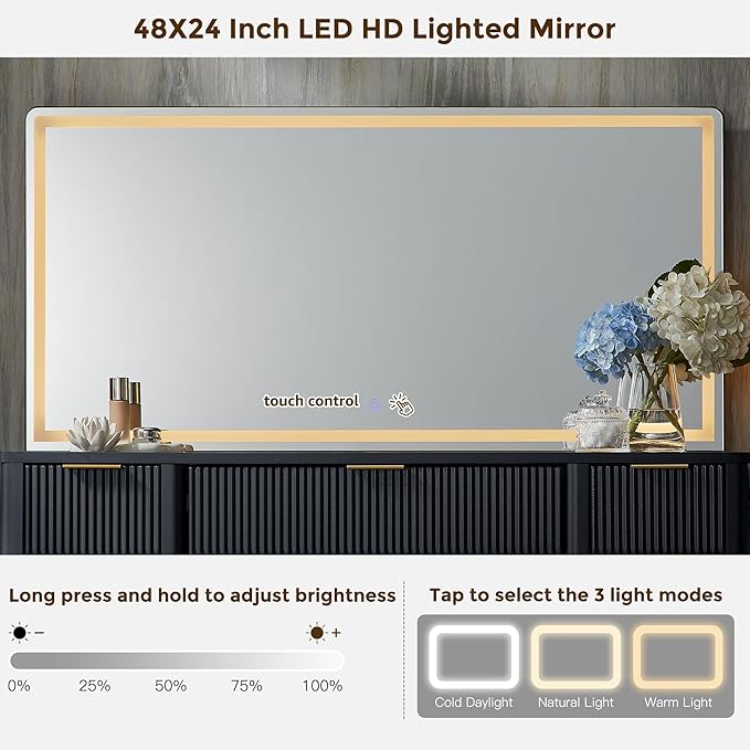 T4TREAM 48" Fluted Makeup Vanity Desk with 48" Large Mirror and HD LED Lights, Modern Vanity Table with 9 Drawers & Charging Station, Glass Top and Golden Handles Dressing Table for Bedroom,Dark Grey