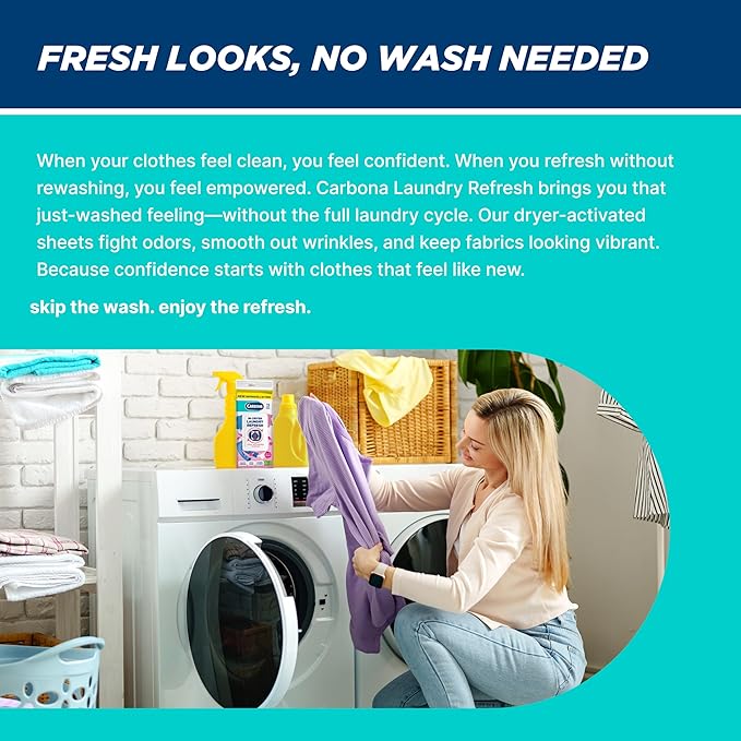 Carbona Laundry Refresh Dryer Sheets 15ct – Odor Eliminator, Wrinkle Releaser, Fabric Softener – Heat-Activated, Static Reducer, Prevents Shrinking & Fading – Quick Clothes Refresh
