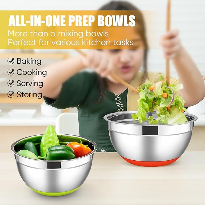 E-far Stainless Steel Mixing Bowls with Lids Set, 5-Piece Nesting Salad Bowls with 3 Grater Attachments and Non-Slip Bottoms, Size 4.6, 2.6, 2, 1.5, 1QT for Kitchen (Colorful)