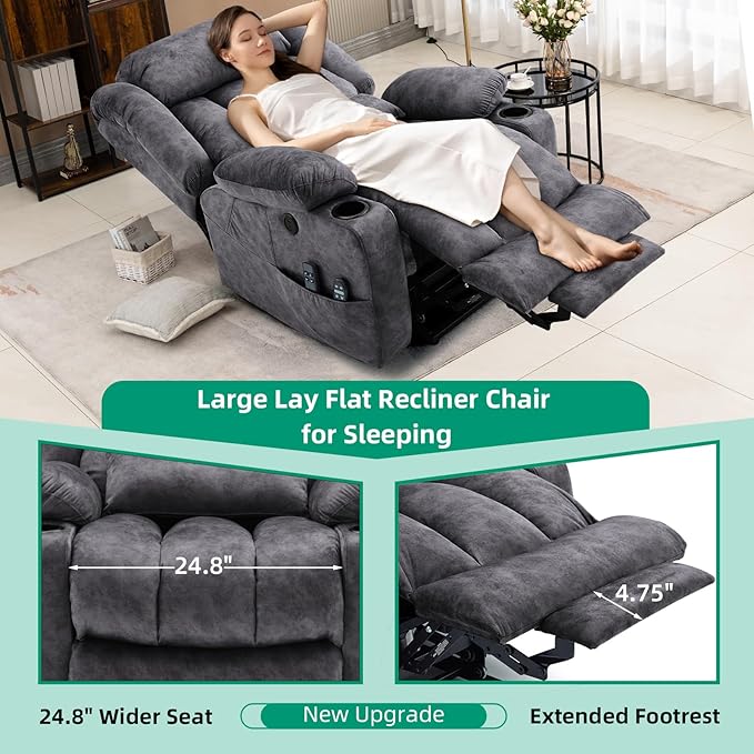 VIVIJASON Tall Man Large Dual Motor Power Lift Recliner Chair with Extended Footrest, Oversized Lay Flat Sleeper Electric Recliner W/Heat & Massage, Lumbar Pillow, USB & Type-C Ports, Plush Gray