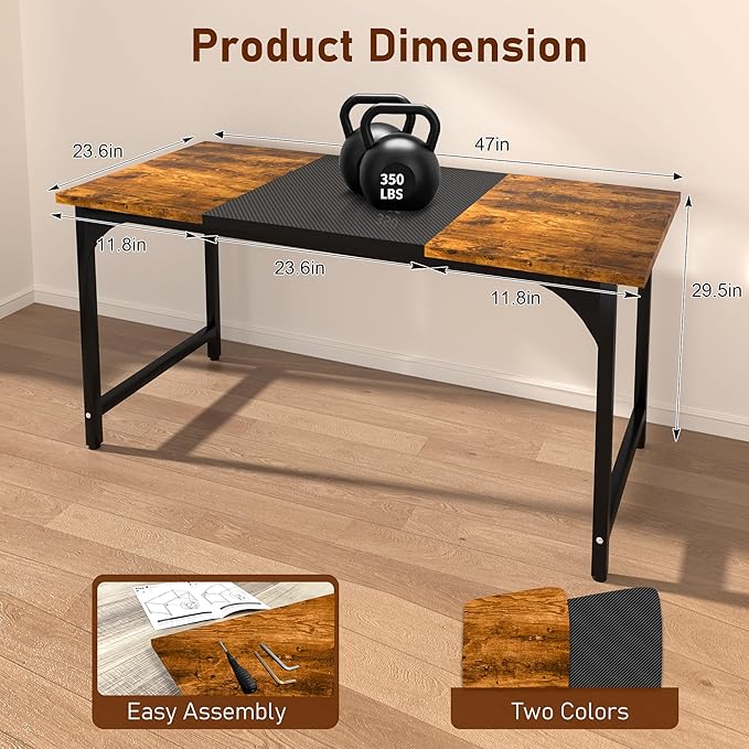 47inch Computer Desk with Deeper Carbon Fiber Desktop, Gaming Office Desk with Sturdy Metal Frame,Home Office Desk for Gaming, Working, Studying, Rustic Brown