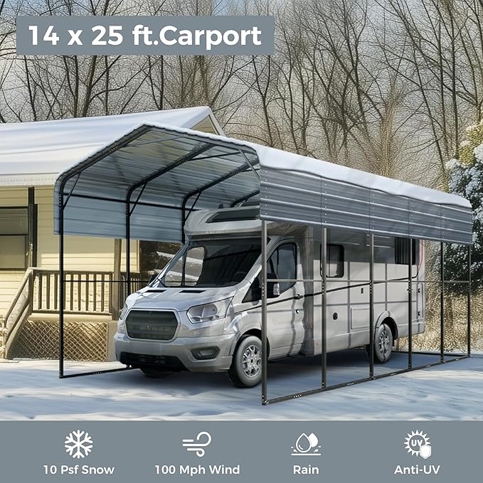 GREEN PARTY 14 x 25 ft Metal RV Carport Kits with Galvanized Steel Roof, Heavy Duty 2 Car Outdoor Car-Shed Canopy, Car Tent Metal Garage Shelter for RV, SUV, Truck, Tractors and Boats, Gray