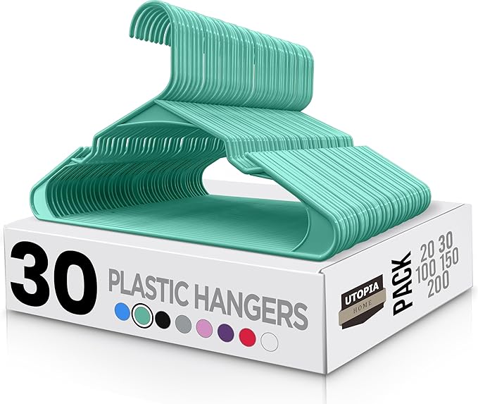 Utopia Home Plastic Hangers 30 Pack - Perfect Space Saving Clothes Hanger - Durable and Strong - Perfect Closet Organizers with Shoulder Grooves (Aqua)