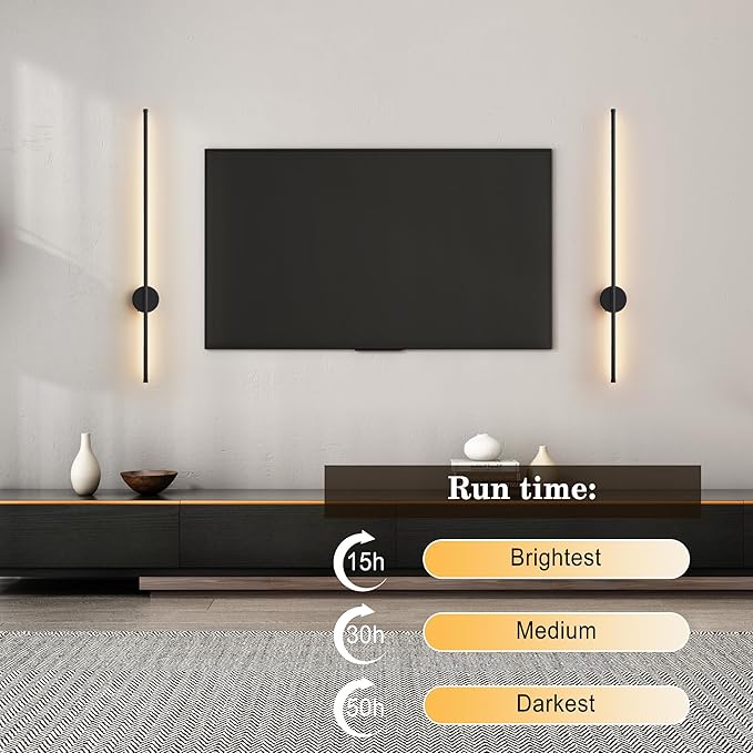 Battery Operated Modern Wall Sconces, Dimmable Wireless Wall Light Set of Two with Remote Control, 3 Color Temperatures, Rechargeable LED Wall Sconce for Bedroom, Living Room, Hallway, 39.3 Inch Black