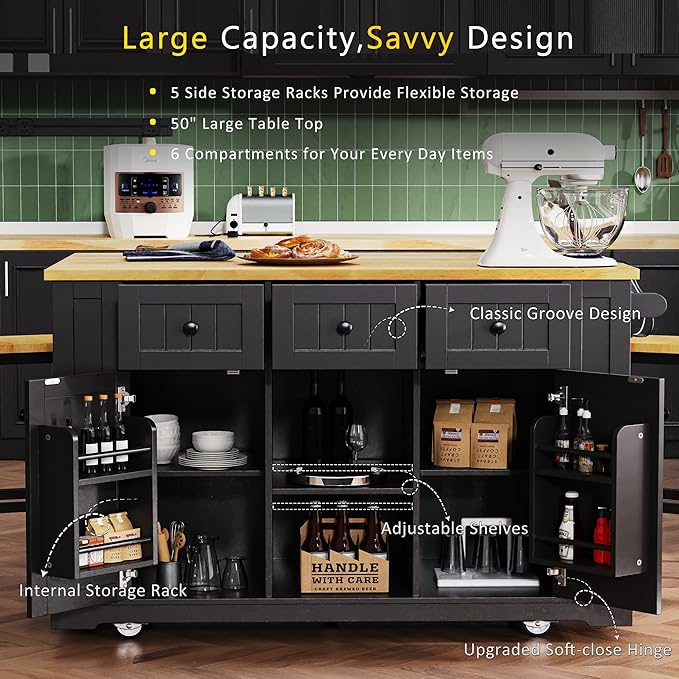 Large Kitchen Island Cart on 5 Wheels with 2 Bar Stools, Power Outlet, Drop Leaf, 3 Drawers, Kitchen Storage Cart with 5 Open Side Racks for Kitchen, Dining Room, Home Bar Black