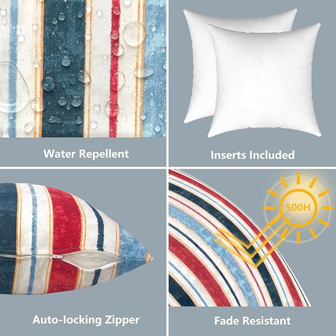 LVTXIII Outdoor/Indoor Throw Pillows, Decorative Throw Pillows with Inserts, 18"x18" Square Pillows for Bed, Couch, Sofa and Patio Furniture, Set of 2, Stripe Red Blue