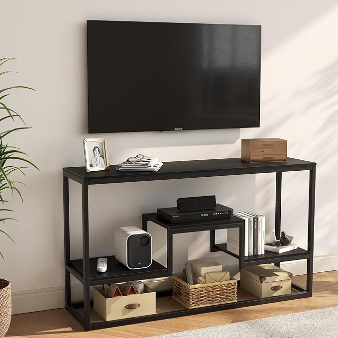 TV Stand for TVs up to 55 Inch, TV Console Table with 3-Tier Open Storage Shelves, Modern Industrial Entertainment Center for Living Room, Bedroom, Black