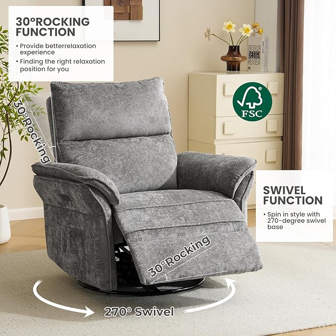 Oversized Power Recliner Chairs for Adults with Massage and Heat, Power Swivel Rocker Recliner Chair with Adjustable Headrest, 26" Extra Wide Rocker Nursery Recliner with USB Port, Dark Grey