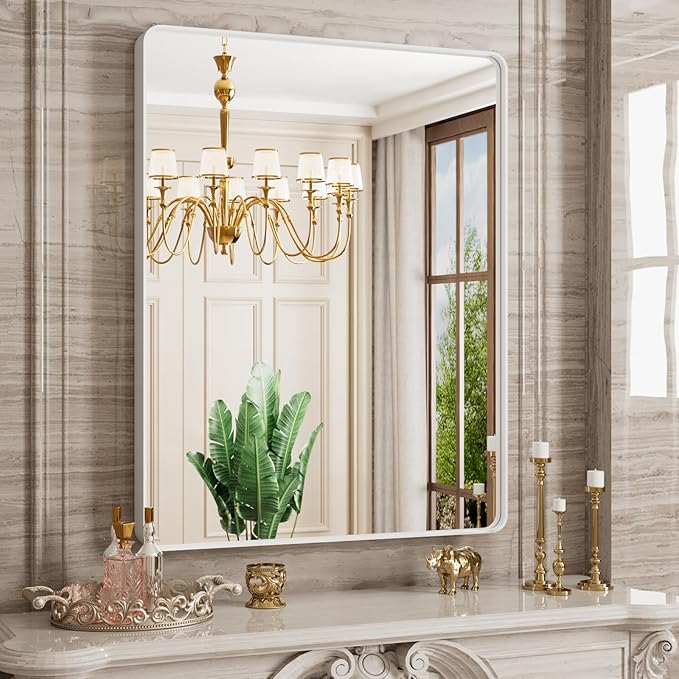 White Bathroom Mirror 28x36 Inch, White Metal Framed Bathroom Mirror for Wall, Rounded Rectangle Matte Bathroom Vanity Mirror, Tempered Glass, Anti-Rust, Horizontal/Vertical