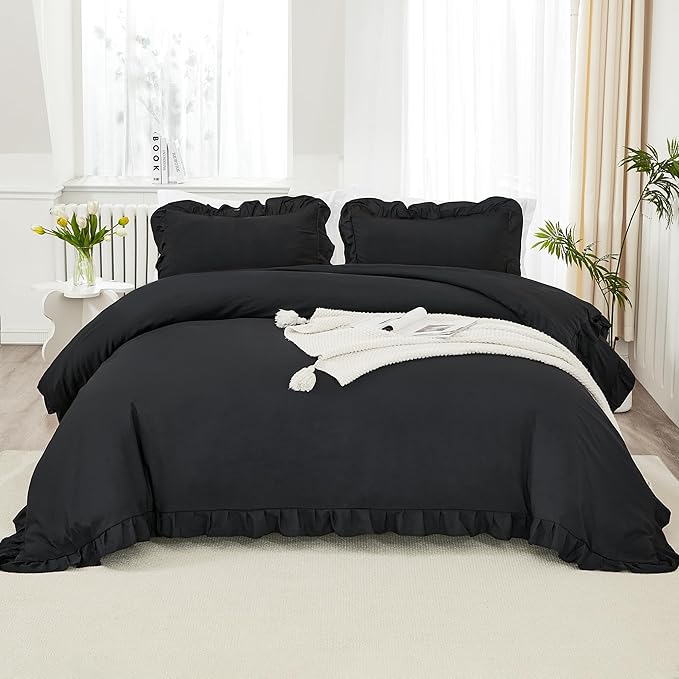 Litanika Black King Size Comforter Set, 3 Pieces Ruffle Farmhouse Aesthetic Bedding Comforter Set, All Season Soft Lightweight Fluffy Microfiber Bed Set(104x90In Comforter, 2 Pillowcases)