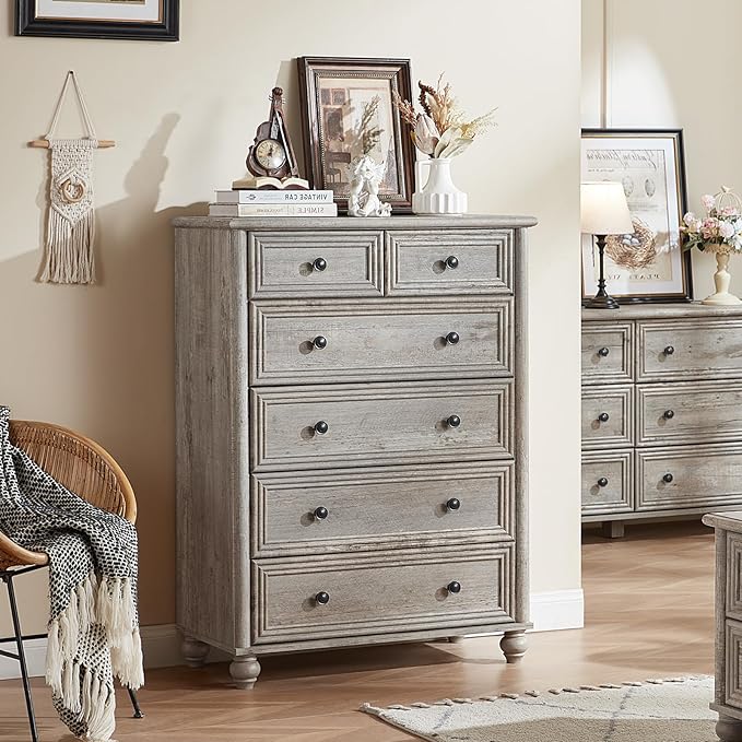 Farmhouse Dressers & Night Stand Set of 3, Wood 54" Wide 6 Drawer Dresser & 43.5"Tall Chest of Drawers, 18" with Charging Station Nightstand, Bedroom Furniture Dresser Set for Home Living Room Hallway