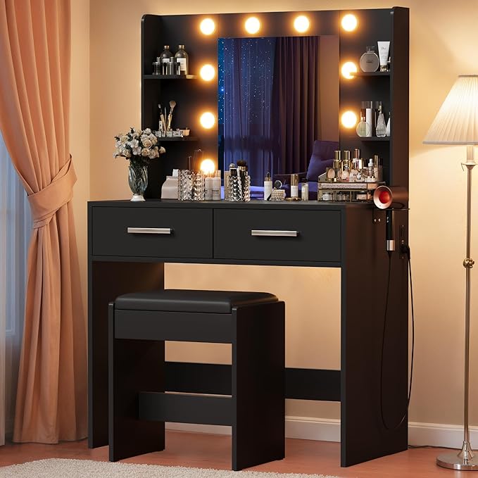 YESHOMY Vanity Desk with Mirror, Makeup Table with 2 Large Drawers, Power Outlet and Round Holder, 3 Color Modes Adjustable Bulb, Pure Black