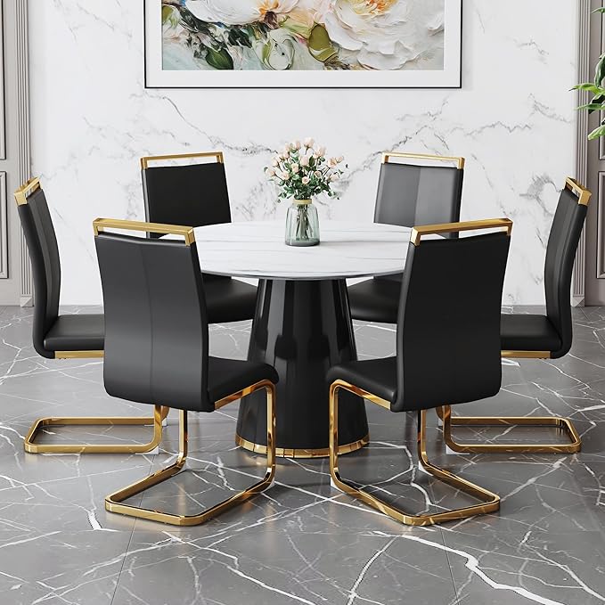 45 Inch Round Dining Table Set for 6, 7 Piece Kitchen Table and Chairs Set, White Faux Marble Table Top, Small Space Dining Set for Apartment or Dining Room