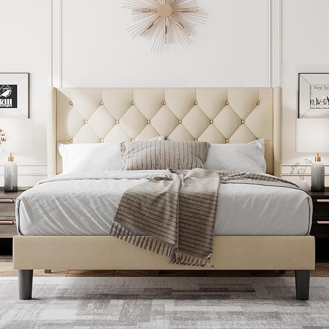 Feonase Full Size Bed Frame with Upholstered Wingback Headboard, Platform Bed and Heavy Duty Wooden Slats Support, Easy Assembly, Noise-Free, No Box Spring Needed, Beige